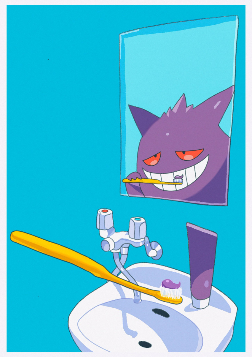 border bottle brushing_teeth commentary_request faucet gen_1_pokemon gengar grin half-closed_eyes highres mirror no_humans pokemon pokemon_(creature) reflection saiku_(zvlku) sink smile solo teeth toothbrush toothpaste white_border