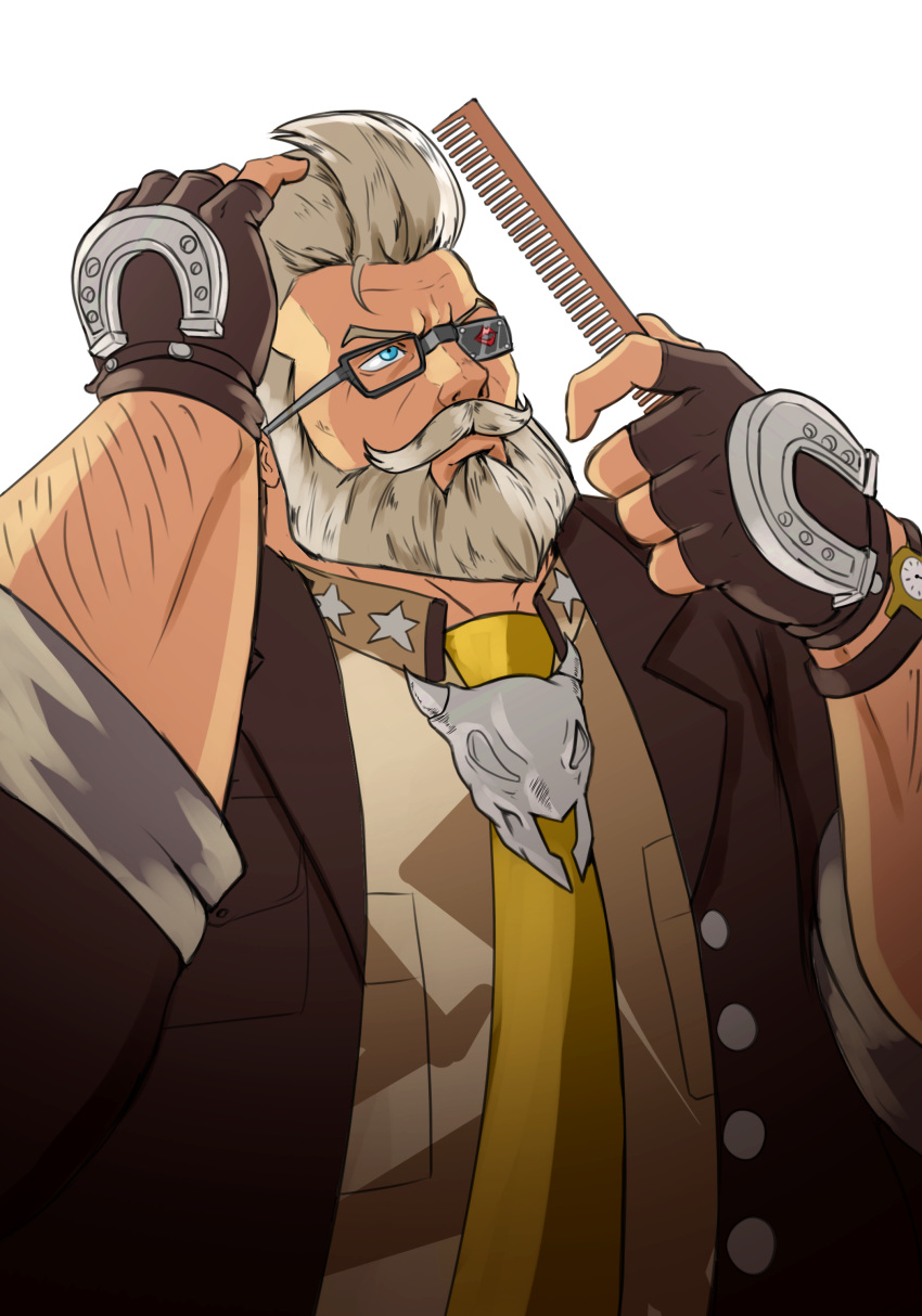 1boy absurdres blue_eyes comb combing eyepatch facial_hair goldlewis_dickinson guilty_gear guilty_gear_strive highres male_focus necktie portrait short_hair silver_hair user_yjrv3887