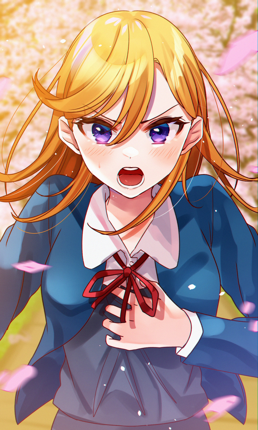 1girl absurdres bangs blue_cardigan blurry blurry_background blush cardigan cherry_blossoms collared_shirt floating_hair hair_between_eyes hand_on_own_chest highres long_hair looking_at_viewer love_live! love_live!_superstar!! neck_ribbon open_mouth orange_hair petals red_ribbon ribbon rukito school_uniform shibuya_kanon shirt solo sweat teeth upper_body v-shaped_eyebrows yuigaoka_school_uniform