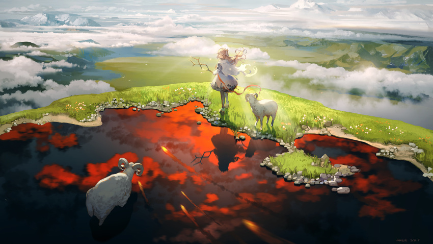 1girl animal arknights artist_name brown_hair cape clouds dated day dress eyjafjalla_(arknights) floating_hair grass han_yijie highres holding holding_staff horns long_hair long_sleeves looking_at_animal looking_back mountain open_mouth pond reflection reflective_water sheep sheep_horns solo staff standing water white_cape white_dress wide_shot
