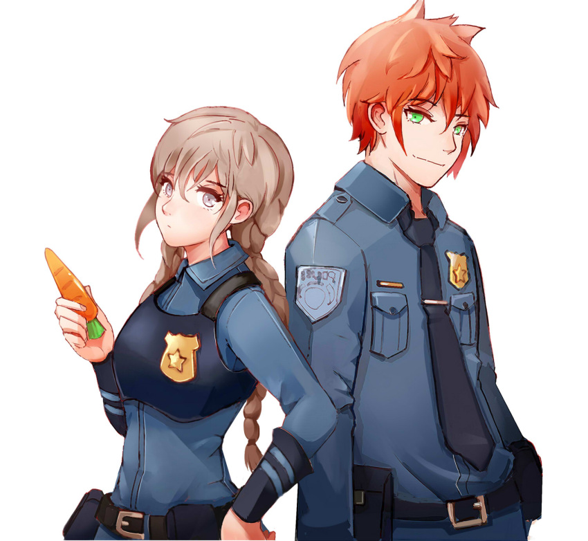 1boy 1girl badge bangs belt belt_buckle belt_pouch braid buckle carrot closed_mouth commentary green_eyes grey_hair hair_between_eyes hand_on_hip highres holding holding_carrot judy_hopps long_hair long_sleeves looking_at_viewer necktie nick_wilde orange_hair police police_uniform policewoman pouch short_hair simple_background smile twin_braids uniform violet_eyes white_background xip3 zootopia