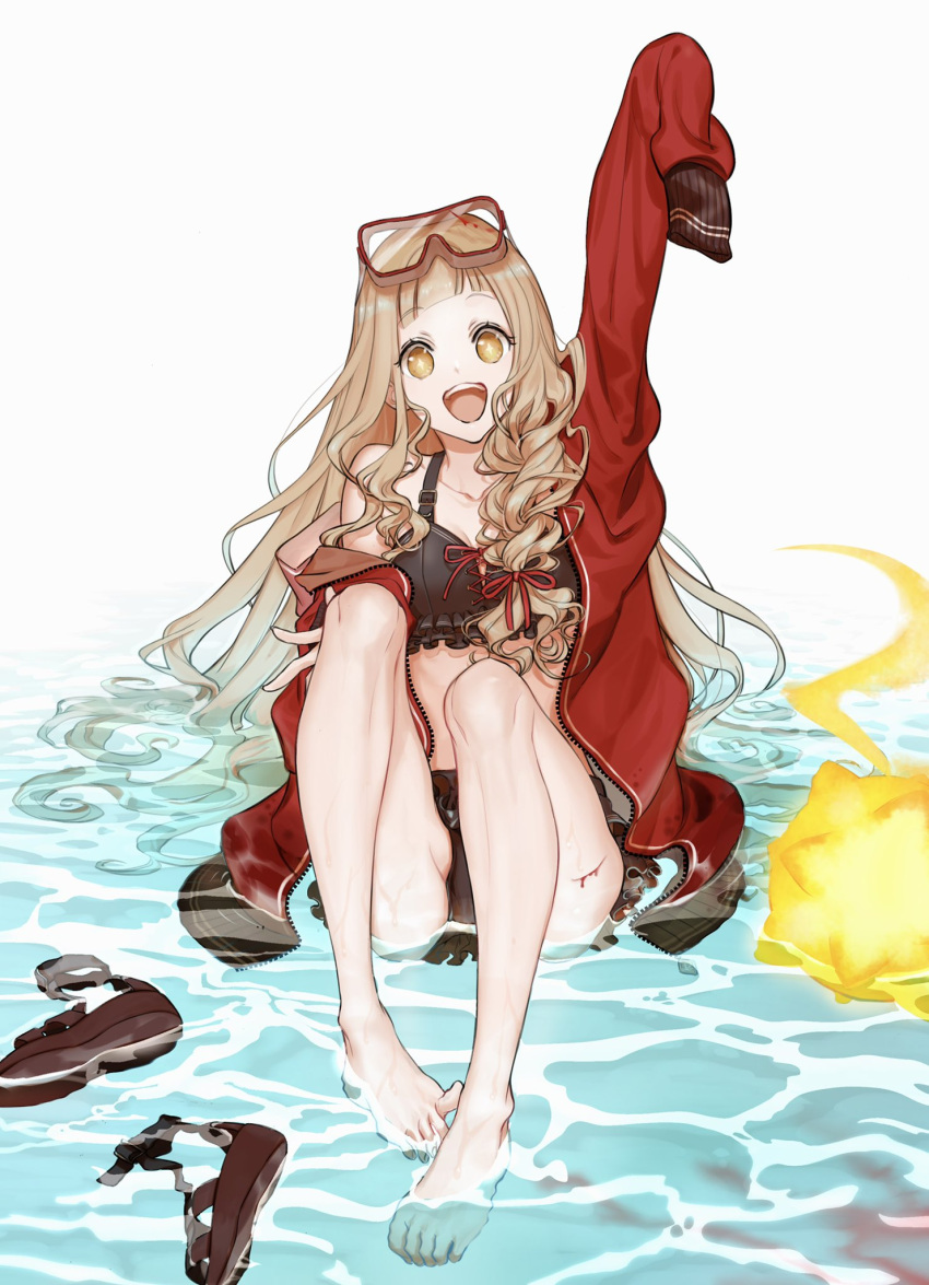 1girl arm_up ball barefoot beachball bikini blonde_hair blood blood_splatter buckle feet footwear_removed full_body goggles goggles_on_head hair_ribbon happy highres jacket legs little_red_riding_hood_(sinoalice) long_hair looking_at_viewer ogamiomi open_mouth orange_eyes ribbon sandals sandals_removed scratches sinoalice sitting solo swimsuit thighs toes water wavy_hair wet