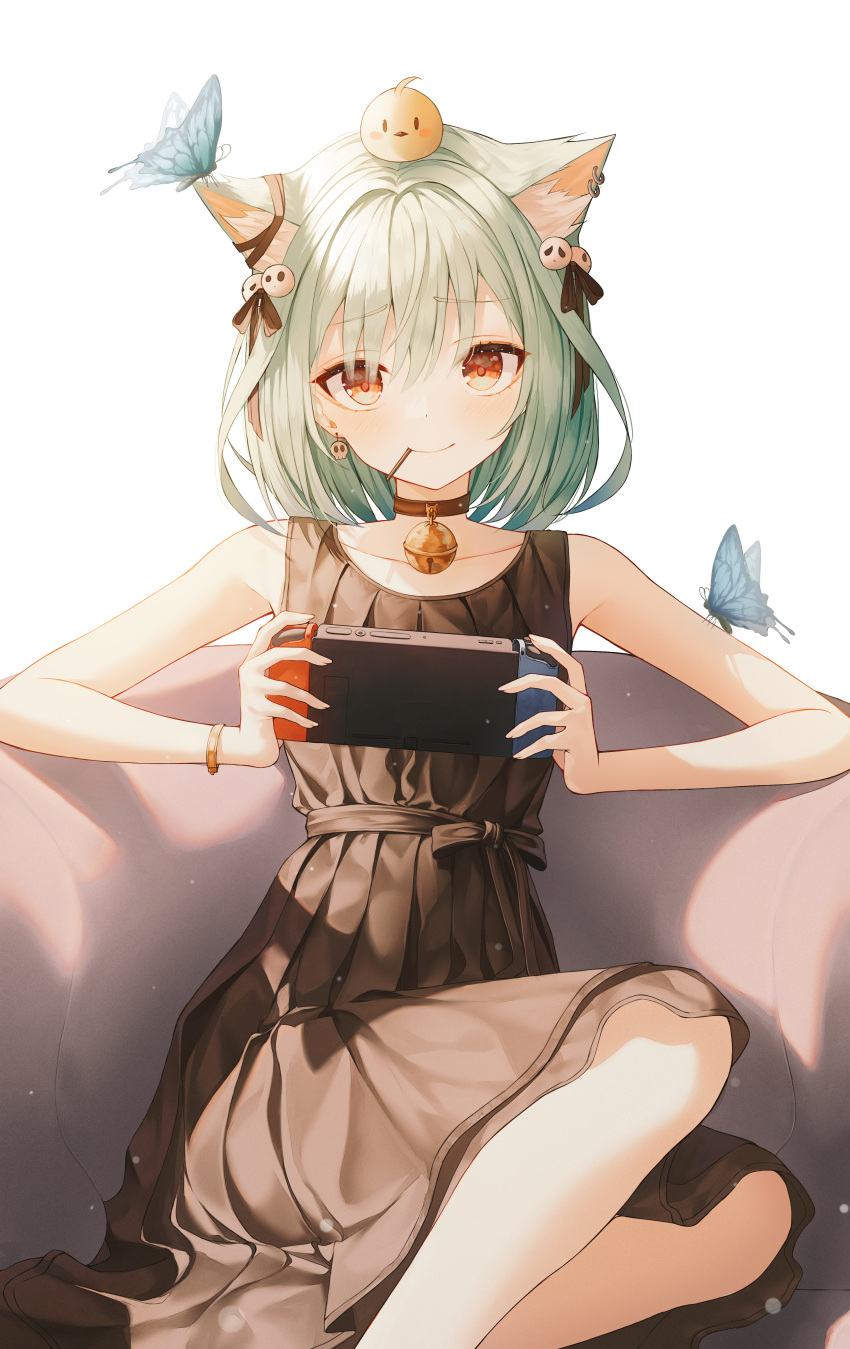 1girl absurdres animal_ears animal_on_head bell bird bird_on_head black_dress bracelet bug butterfly cat_ears dress earrings food green_hair highres hololive huge_filesize insect jewelry kerno neck_bell nintendo_switch on_head piyoko_(uruha_rushia) playing_games pocky red_eyes sitting skull_earrings sleeveless sleeveless_dress smile uruha_rushia virtual_youtuber