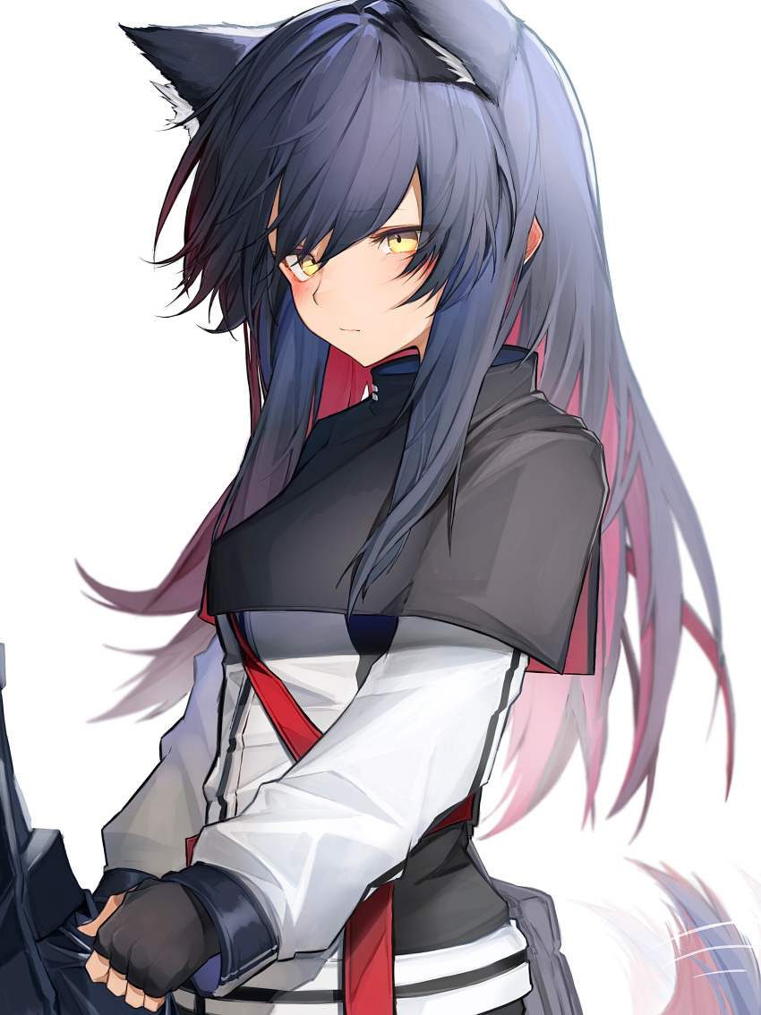 1girl 1other absurdres animal_ear_fluff animal_ears arknights black_capelet black_gloves black_hair blush breasts capelet closed_mouth clothes_tug colored_inner_hair cowboy_shot doctor_(arknights) fingerless_gloves gloves highres jacket long_hair long_sleeves motion_lines multicolored_hair redhead sidelocks simple_background small_breasts solo solo_focus tab_head tail tail_wagging texas_(arknights) two-tone_hair white_background white_jacket wolf_ears wolf_girl wolf_tail