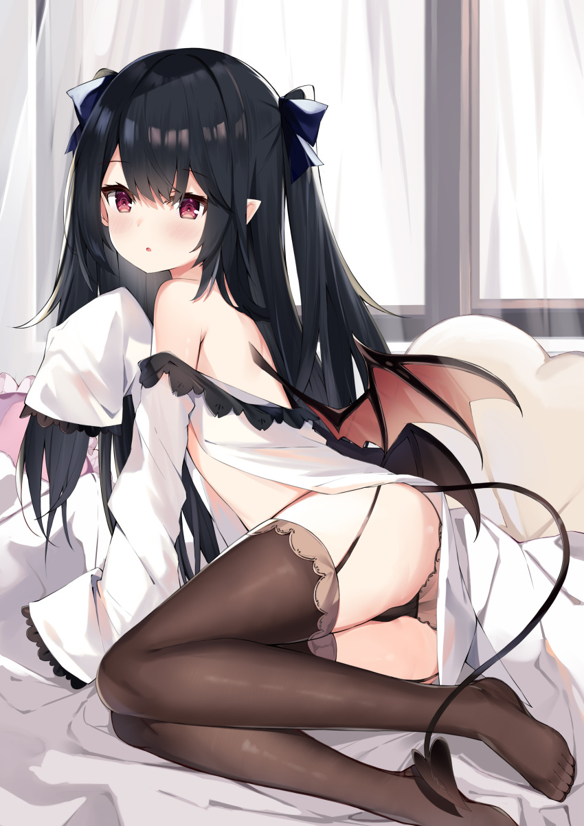 1girl :o absurdres ass bangs black_hair black_legwear blush bow demon_tail demon_wings eyebrows_visible_through_hair from_side fuyuki030 garter_straps hair_bow hair_ornament hand_up highres indoors long_hair long_sleeves looking_at_viewer looking_to_the_side off_shoulder original parted_lips pointy_ears solo tail thigh-highs thighs violet_eyes wings