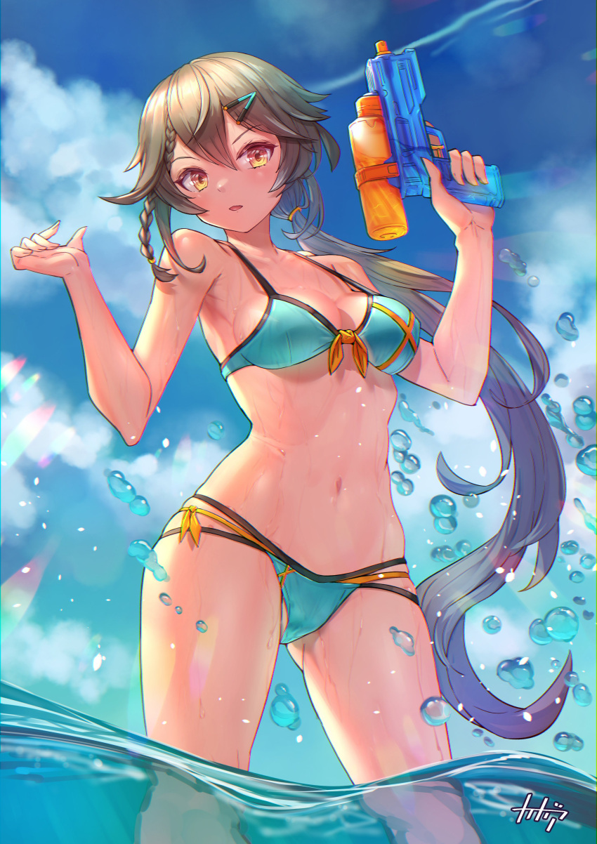 1girl absurdres aqua_bikini armpits arpeggio_kaga ass_visible_through_thighs bare_arms bare_shoulders bikini blue_sky braid breasts clouds commission day front-tie_bikini front-tie_top grey_hair hair_between_eyes hair_ornament hairclip halterneck hands_up highres holding long_hair looking_at_viewer low_ponytail medium_breasts multi-strapped_bikini original outdoors parted_lips side-tie_bikini skeb_commission skindentation sky solo standing strap_gap string_bikini swimsuit thighs trigger_discipline very_long_hair wading water water_gun yellow_eyes