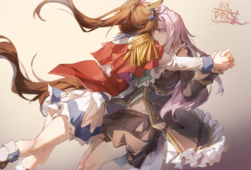 2girls animal_ears artist_name black_coat black_skirt blue_skirt coat commentary face-to-face feet_out_of_frame frilled_coat highres holding_hands horse_ears horse_girl horse_tail long_hair mejiro_mcqueen_(umamusume) midriff_peek moyu_marginal multiple_girls navel pink_eyes pink_hair pleated_skirt ponytail procreate_(medium) red_shirt shirt skirt symbol_commentary tail tokai_teio_(umamusume) umamusume white_legwear white_skirt yuri