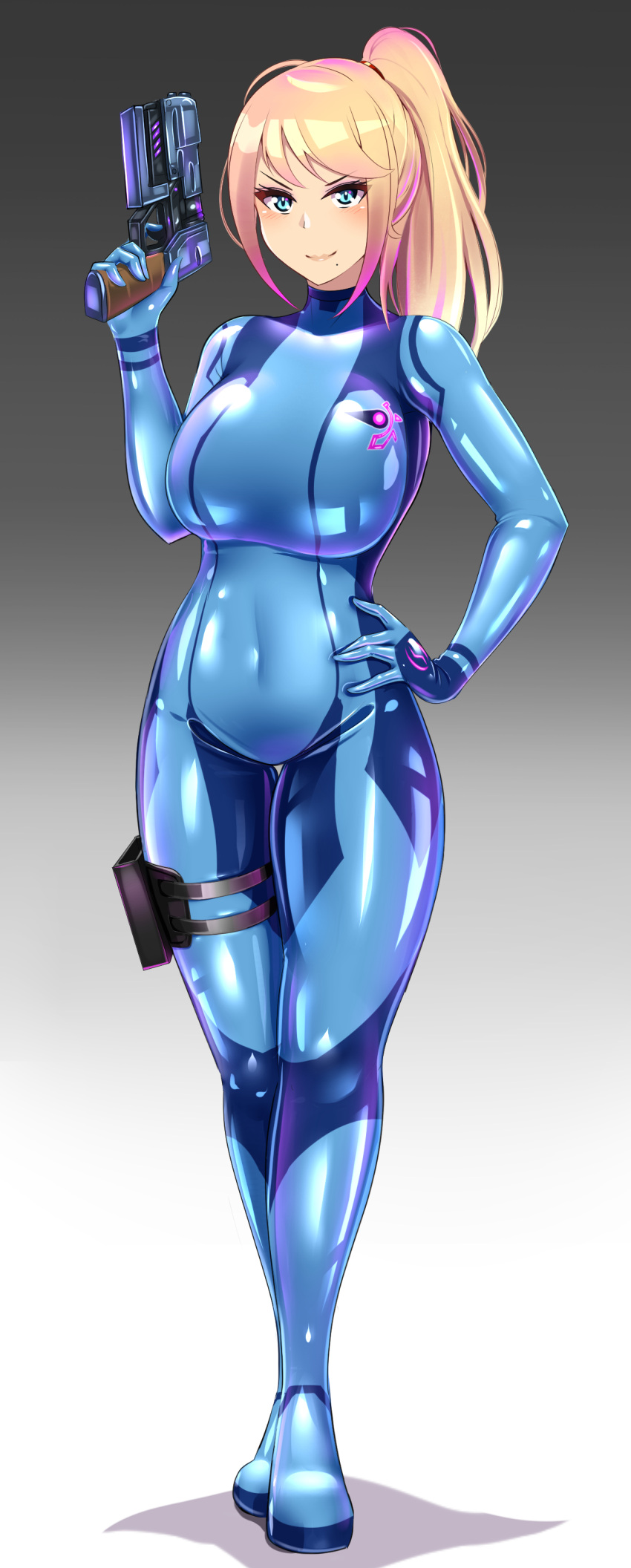 1girl absurdres blonde_hair blue_bodysuit blue_eyes bodysuit breasts covered_navel full_body highres huge_breasts ibusuki long_hair metroid mole mole_under_mouth paralyzer ponytail samus_aran skin_tight smile solo standing thigh_strap zero_suit