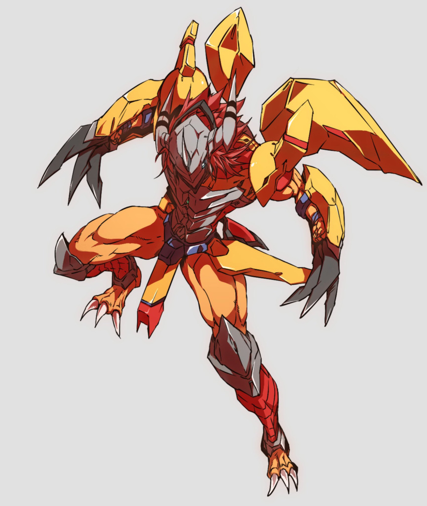 blue_eyes claws detached_wings digimon grey_background highres looking_down mechanical_wings no_humans open_hands redesign redhead solo wargreymon wings yuu_(s_graphics_tri)