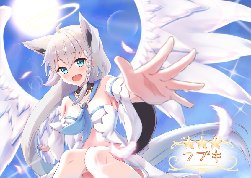 1girl absurdres angel_wings animal_ears bangs bare_shoulders blue_neckwear blue_sky blush braid breasts chitose_tomo commentary_request day detached_collar detached_sleeves eyebrows_visible_through_hair feathers floating_hair fox_ears fox_girl fox_tail green_eyes hair_between_eyes halo highres hololive long_hair looking_at_viewer medium_breasts neckerchief open_mouth outstretched_arm shirakami_fubuki sidelocks single_braid sky solo star_(symbol) tail virtual_youtuber white_hair wide_sleeves wings