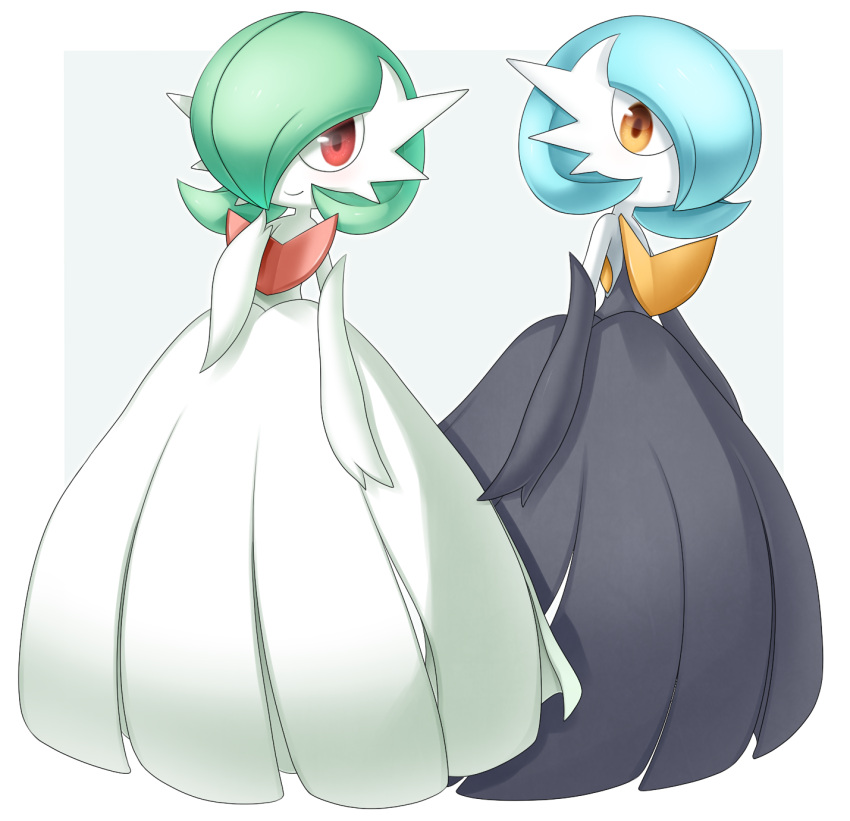 2girls bangs bare_shoulders black_dress black_gloves blue_hair blush bob_cut border closed_mouth colored_skin commentary_request dress elbow_gloves expressionless flat_chest full_body gardevoir gen_3_pokemon gloves green_hair grey_background hair_over_one_eye hand_to_own_mouth hand_up happy highres light_blush looking_at_viewer lotosu mega_gardevoir mega_pokemon multiple_girls orange_eyes partial_commentary pokemon pokemon_(creature) red_eyes short_hair simple_background smile standing strapless strapless_dress white_border white_dress white_gloves white_skin