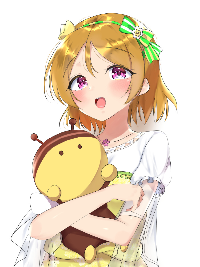 1girl absurdres bangs blush bow commentary_request dress eyebrows_visible_through_hair green_bow hair_bow headband highres jewelry koizumi_hanayo looking_at_viewer love_live! necklace object_hug open_mouth orange_hair pink_eyes shirt short_hair short_sleeves sidelocks smile solo stuffed_toy umi-chan_(umi-chan_koubou) white_background white_shirt yellow_dress