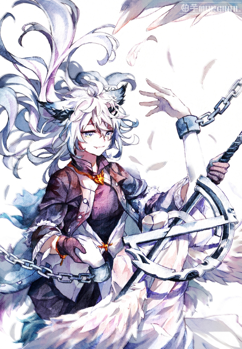 1girl absurdres ahoge animal_ears arknights artist_name black_jacket black_shirt chain chained_wrists feathered_wings feathers floating_hair grey_eyes hand_grab highres holding holding_sword holding_weapon jacket lappland_(arknights) lappland_(refined_horrormare)_(arknights) messy_hair moyu_marginal official_alternate_costume open_clothes open_jacket scar scar_across_eye shirt smile solo statue sword upper_body weapon white_background white_hair wings wolf_ears