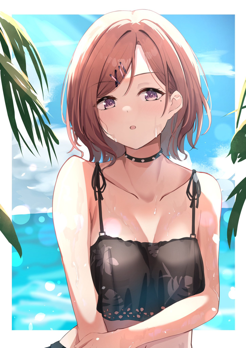 1girl asashin_(asn) bangs black_swimsuit blue_sky blush breasts brown_hair collar collarbone day hair_ornament hairclip highres higuchi_madoka idolmaster idolmaster_shiny_colors looking_at_viewer medium_breasts mole mole_under_eye ocean open_mouth outdoors palm_tree short_hair sky solo spiked_collar spikes sweat swimsuit tree upper_body violet_eyes
