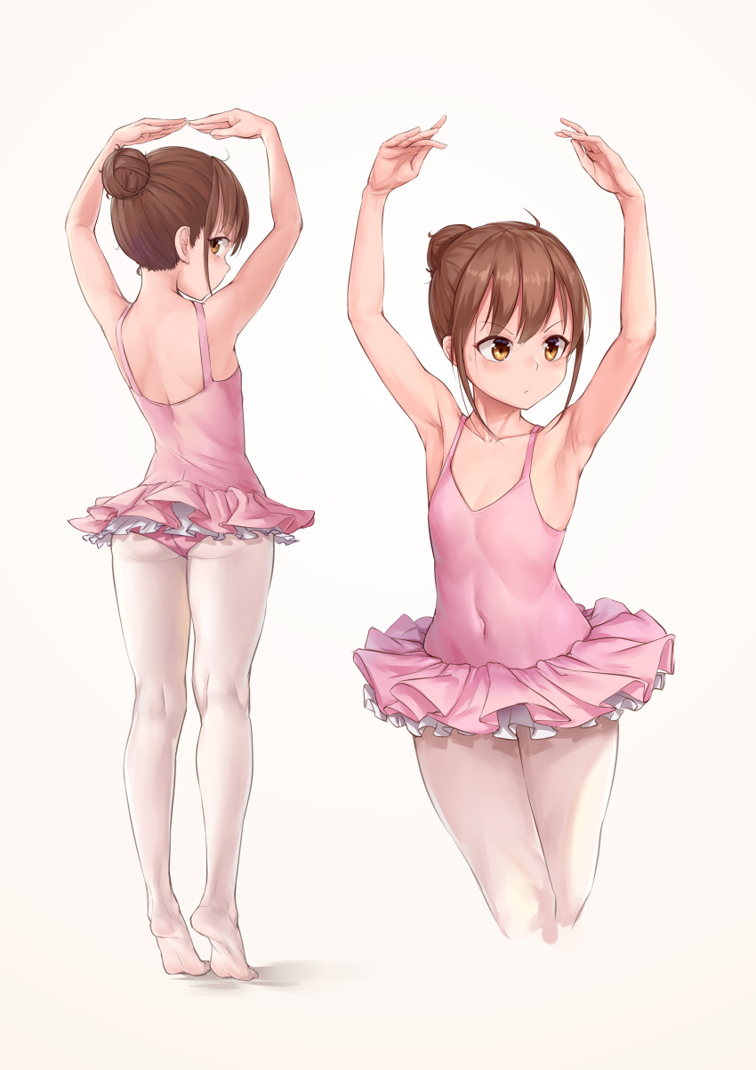 1girl absurdres aomoro armpits arms_up ass ballerina ballet ballet_dress bangs bare_arms bare_shoulders brown_eyes brown_hair closed_mouth collarbone commentary_request covered_navel cowboy_shot cropped_legs dress eyebrows_visible_through_hair flat_chest from_behind full_body hair_bun highres looking_at_viewer looking_away looking_back microdress multiple_views original pantyhose pink_dress shiny shiny_hair short_hair shoulder_blades sidelocks sideways_glance simple_background sleeveless sleeveless_dress standing sweatdrop tiptoes v-shaped_eyebrows white_background white_legwear
