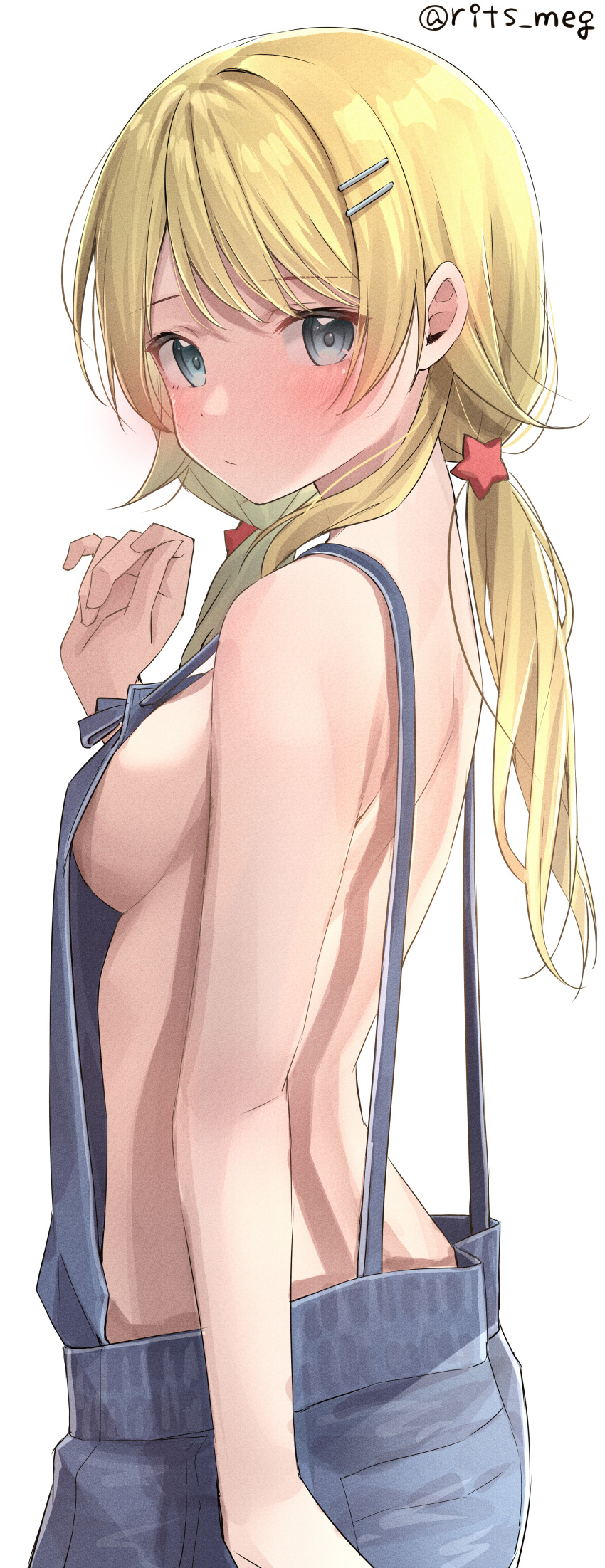 1girl absurdres arm_at_side bangs bare_arms bare_back blonde_hair blue_eyes blush breasts closed_mouth commentary_request eyebrows_visible_through_hair from_side hachimiya_meguru hair_ornament hairclip hand_up highres idolmaster idolmaster_shiny_colors long_hair looking_at_viewer looking_to_the_side low_twintails medium_breasts naked_overalls overalls rits_(apud8788) sideboob simple_background solo star_(symbol) star_hair_ornament strap_gap twintails twitter_username white_background