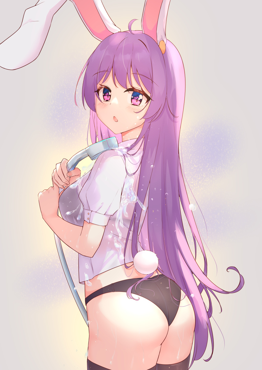 1girl :o absurdres ahoge animal_ears ass black_bra black_legwear black_panties bra bunny_tail diving_penguin grey_background highres holding hose long_hair looking_at_viewer looking_back no_pants panties puffy_short_sleeves puffy_sleeves purple_hair rabbit_ears rabbit_girl reisen_udongein_inaba see-through shirt short_sleeves smile solo tail thigh-highs touhou underwear violet_eyes water wet wet_clothes wet_shirt