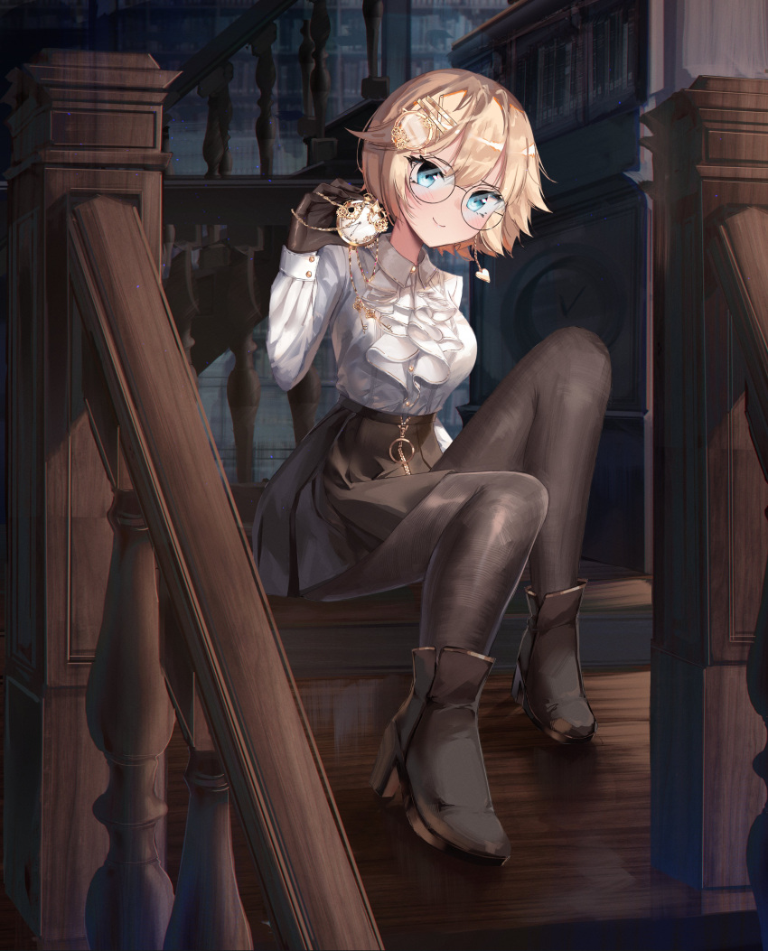 1girl absurdres alternate_costume alternate_hair_length alternate_hairstyle black_gloves black_legwear black_skirt blonde_hair blue_eyes chain dayshiart english_commentary full_body glasses gloves hair_ornament highres hololive hololive_english key long_sleeves looking_at_viewer monocle_hair_ornament pantyhose pocket_watch round_eyewear short_hair sitting skirt smile solo stairs virtual_youtuber watch watson_amelia