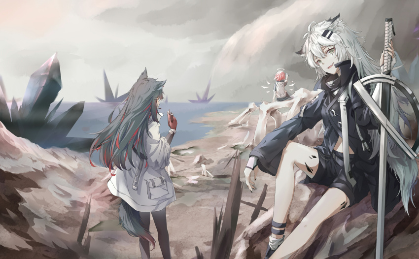 3girls animal_ears arknights black_footwear black_hair black_jacket black_legwear black_shorts box chinese_commentary coat commentary_request detached_wings ear_piercing eating energy_wings exusiai_(arknights) facing_away feet_out_of_frame food fur-trimmed_sleeves fur_trim gloves grey_eyes hair_ornament hairclip halo highres holding holding_box holding_sword holding_weapon jacket lappland_(arknights) long_hair messy_hair midriff_peek mouth_hold moyu_marginal multicolored_hair multiple_girls official_alternate_costume originium_(arknights) oripathy_lesion_(arknights) outdoors pantyhose piercing pocky red_gloves redhead shorts sitting standing streaked_hair sword tail texas_(arknights) texas_(winter_messenger)_(arknights) weapon white_coat white_hair wings winter_clothes winter_coat wolf_ears wolf_girl wolf_tail