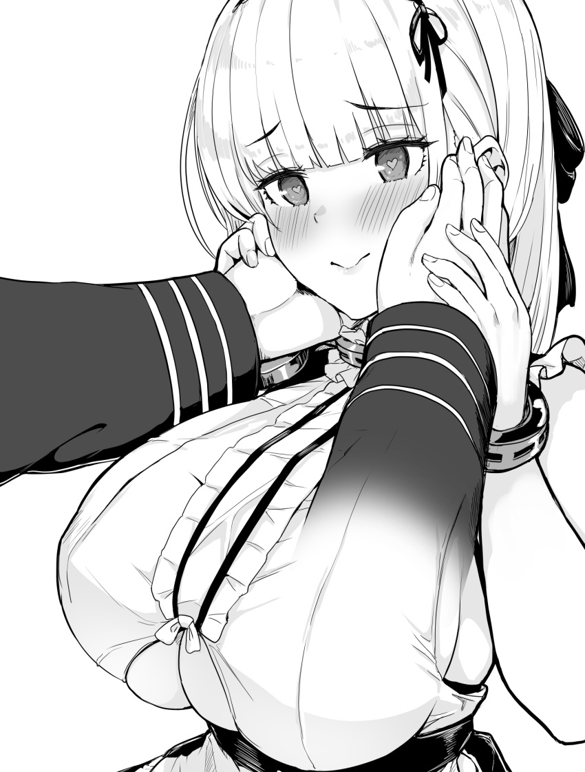 1girl azur_lane bangs blunt_bangs blush bracelet breasts clothing_cutout dido_(azur_lane) eyebrows_visible_through_hair frills hair_ribbon hands_on_another's_face heart heart-shaped_pupils highres huge_breasts jewelry monochrome ribbon smile symbol-shaped_pupils underboob_cutout upanishi_mariko white_hair