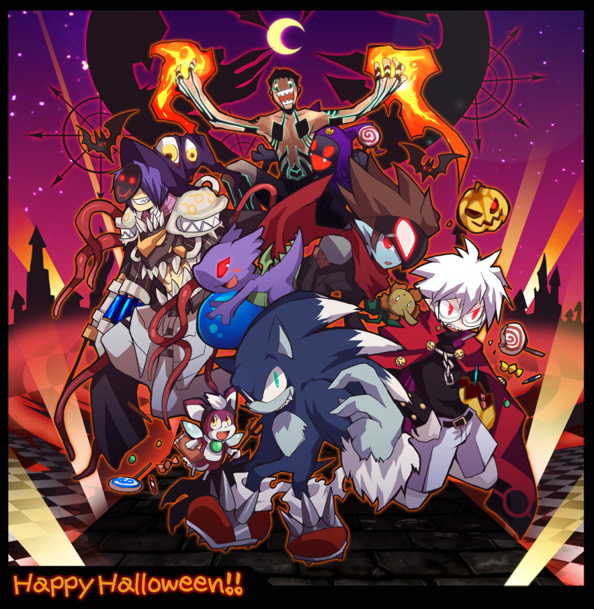 6+boys armor atlus bangs bat black_border black_shirt bokura_no_taiyou border brown_hair candy chain character_request checkered checkered_floor closed_mouth commentary_request copyright_request crescent_moon crossover cygames disgaea dragon_chronicle emon-yu fangs fire food full_body furry gauntlets genetic_(ragnarok_online) glasses green_eyes grin hair_between_eyes halloween happy_halloween hat hitoshura jack-o'-lantern jack_frost living_clothes lollipop looking_afar looking_at_viewer looking_to_the_side magic makai_senki_disgaea male_focus mask mask_on_head medium_hair moon multiple_boys multiple_crossover nintendo open_mouth otenko pauldrons pumpkin purple_headwear ragnarok_online red_eyes red_footwear sega sharp_teeth shin_megami_tensei shin_megami_tensei_iii:_nocturne shirt shirtless short_hair shorts shoulder_armor sky smile sonic_(series) sonic_the_hedgehog sonic_world_adventure star_(sky) starry_sky teeth vial white_hair white_shorts witch_hat wrapped_candy