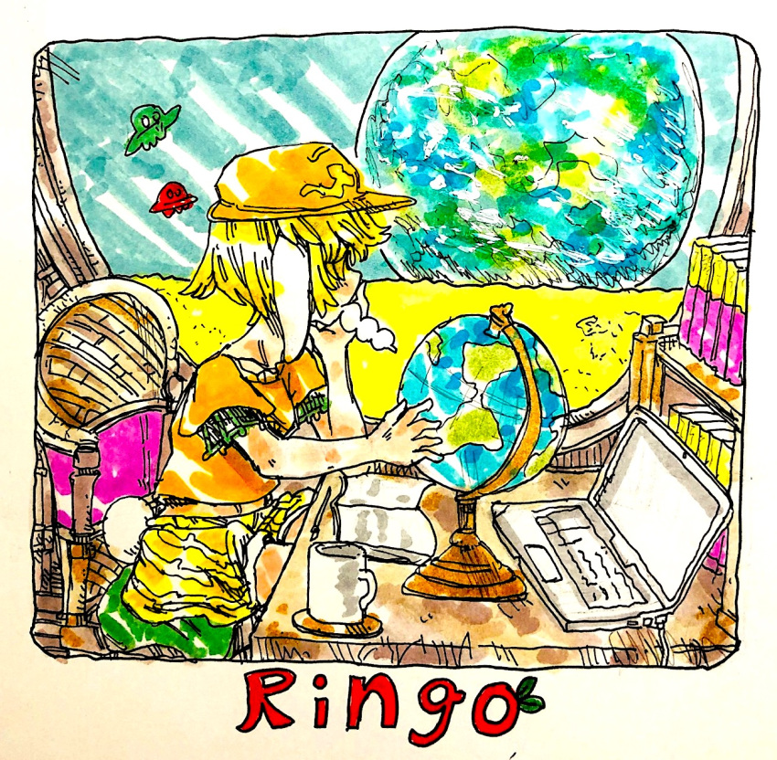 1girl animal_ears book bookshelf coffee_cup computer cup dango desk disposable_cup earth_(planet) flat_cap food from_side globus_cruciger hat highres indoors laptop looking_back moon morinokirin planet rabbit_ears ringo_(touhou) sitting space touhou ufo wagashi