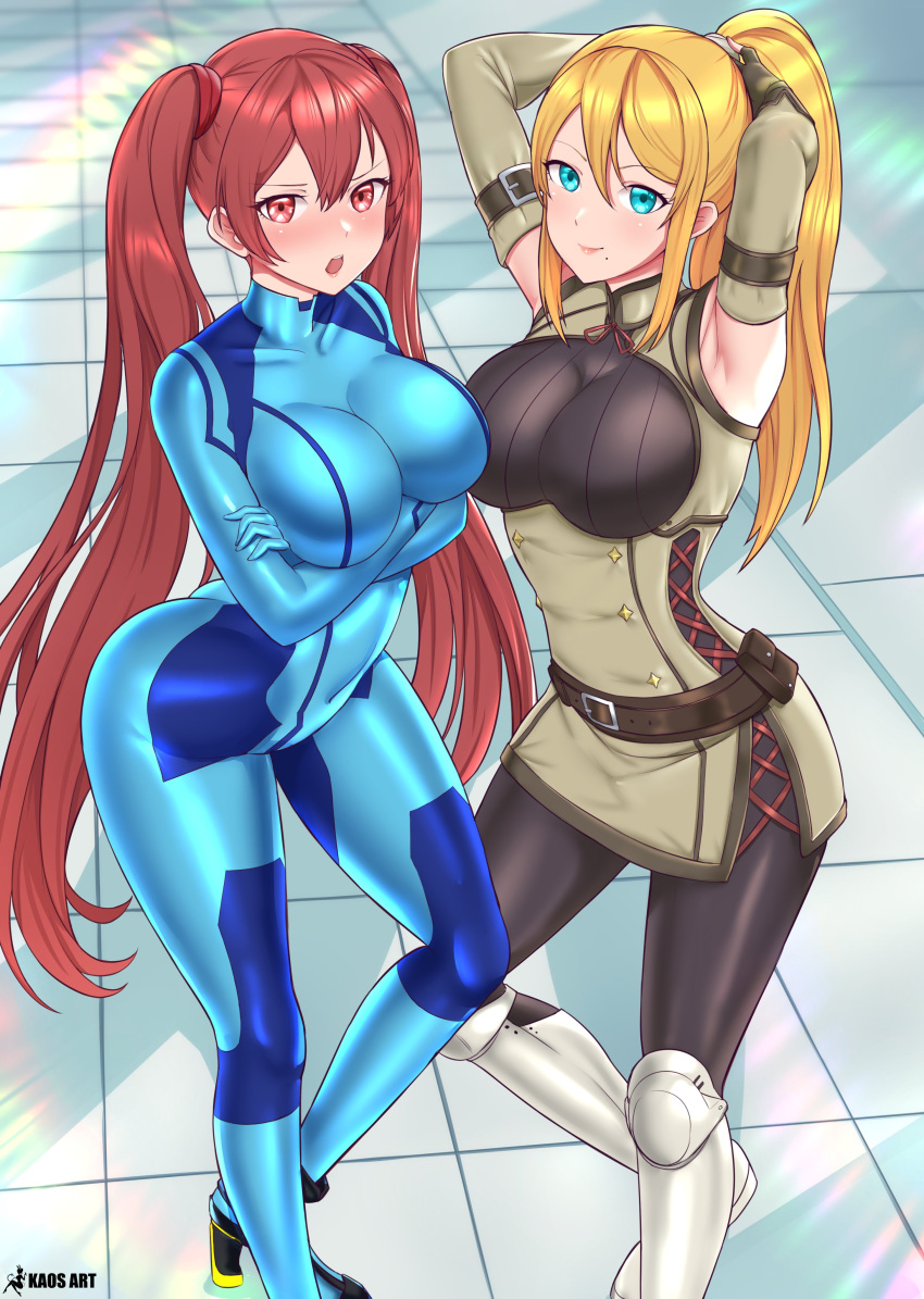 2girls absurdres adjusting_hair alternate_breast_size alternate_costume armpits arms_up artist_name ass bangs belt belt_buckle blonde_hair blue_eyes blush bodysuit breasts buckle closed_mouth commentary commission cosplay costume_switch covered_navel crossed_arms crossover detached_sleeves english_commentary eyebrows_visible_through_hair fingerless_gloves fire_emblem fire_emblem_awakening gloves hair_between_eyes highres kaos_art large_breasts long_hair looking_at_viewer metroid mole mole_under_mouth multiple_girls open_mouth outdoors ponytail red_eyes redhead samus_aran samus_aran_(cosplay) serena_(fire_emblem) severa_(fire_emblem) severa_(fire_emblem)_(cosplay) skin_tight sleeveless smile twintails zero_suit