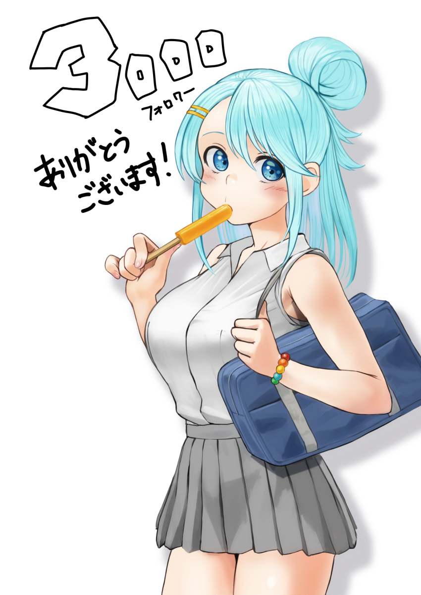 1girl alternate_costume aqua_(konosuba) bag bangs bare_shoulders blue_eyes blush bracelet breasts collared_shirt commentary_request cowboy_shot food food_in_mouth grey_skirt hair_ornament hairclip hands_up highres holding izawa_koushi jewelry kono_subarashii_sekai_ni_shukufuku_wo! large_breasts light_blue_hair long_hair looking_at_viewer miniskirt number pleated_skirt popsicle school_bag shirt skirt solo thigh-highs translated white_background