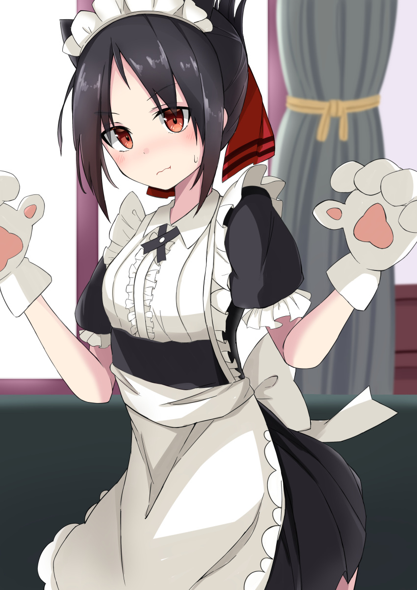 1girl absurdres alternate_costume animal_ears apron bangs black_hair blush cat_ears cat_paws closed_mouth eyebrows_visible_through_hair frills highres indoors kaguya-sama_wa_kokurasetai_~tensai-tachi_no_renai_zunousen~ looking_at_viewer maid maid_apron maid_headdress maud0239 medium_hair parted_bangs paws pout puffy_short_sleeves puffy_sleeves red_eyes red_ribbon ribbon shinomiya_kaguya short_sleeves sidelocks solo tied_hair white_apron window