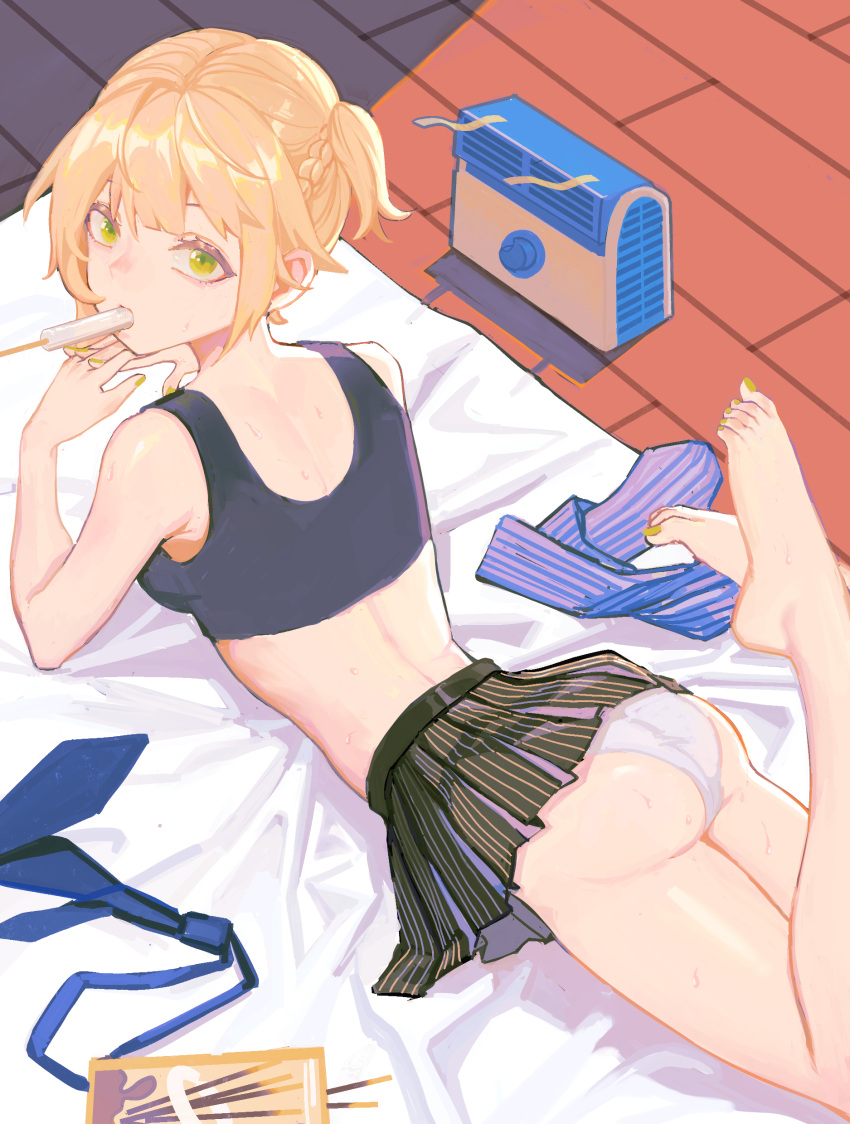 1girl absurdres ass bare_legs barefoot black_skirt black_tank_top blonde_hair blue_neckwear chinese_commentary chuck_(harfmoondark) commentary_request crop_top fan food food_in_mouth girls_frontline green_eyes green_nails highres looking_at_viewer looking_back lying miniskirt nail_polish necktie neckwear_removed on_ground on_stomach outdoors own_hands_together panties pleated_skirt pocky popsicle short_hair skirt solo sweat tank_top toenail_polish underwear welrod_mkii_(girls_frontline) white_panties