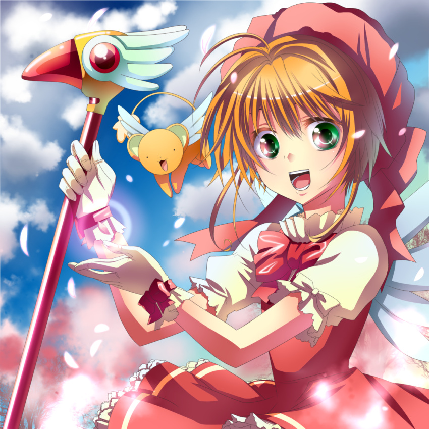 brown_hair card_captor_sakura cardcaptor_sakura chirosuke dress fuuin_no_tsue gloves green_eyes hat kero kinomoto_sakura magical_girl short_hair wand