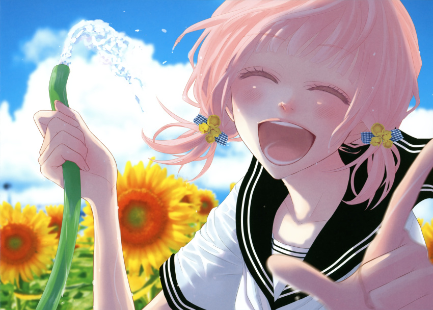 absurdres alternate_hairstyle blush closed_eyes flower happy heart highres hose just_be_friends_(vocaloid) laughing megurine_luka pink_hair pointing school_uniform serafuku short_hair sky smile solo sunflower twintails vocaloid water yunomi