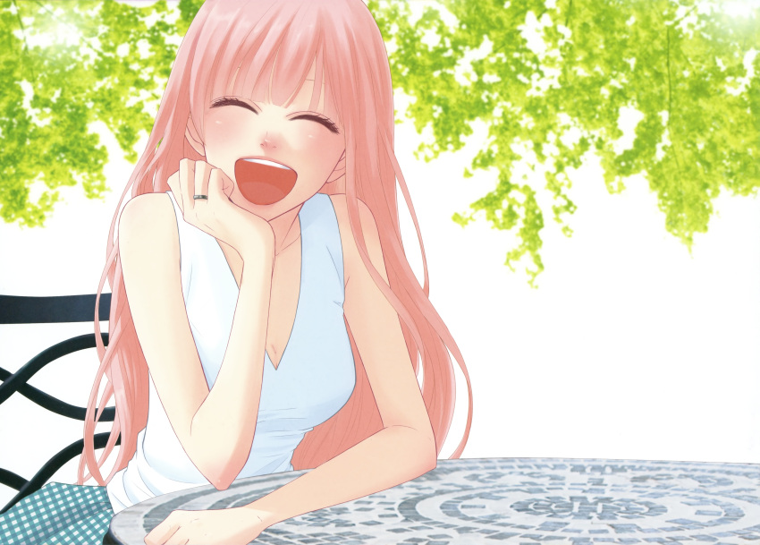 absurdres alternate_hairstyle breasts checkered chin_rest cleavage closed_eyes happy highres jewelry just_be_friends_(vocaloid) laughing long_hair megurine_luka outdoors pink_hair ring sleeveless smile solo vocaloid yunomi