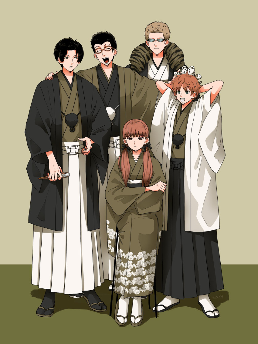 1girl 4boys ^_^ arms_behind_head black_bow black_coat black_footwear black_hair black_hakama black_kimono black_socks bow closed_eyes coat crossed_arms facing_viewer floral_print folded_fan folding_fan full_body glasses green_coat green_footwear green_kimono hair_bow hair_over_shoulder hakama hand_fan hand_on_another's_shoulder haori haori_himo highres holding holding_fan japanese_clothes kimono kusakabe_saki long_hair long_sleeves looking_at_another looking_at_viewer looking_away low_twintails midorikawa_shun multiple_boys obi object_on_head open_mouth outstretched_arms pelt rism02682 saeki_ryuuji sash satomi_kazuma short_hair sideways_glance socks standing stuffed_animal stuffed_tiger stuffed_toy tabi tiger_stripes twintails uno_hayato white_coat white_footwear white_hakama white_socks wide_sleeves world_trigger zouri