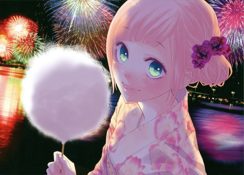 absurdres alternate_hairstyle aqua_eyes blue_eyes blush cotton_candy festival flower hair_ornament highres japanese_clothes just_be_friends_(vocaloid) kimono lips lipstick long_hair megurine_luka night pink_hair smile solo vocaloid yukata yunomi