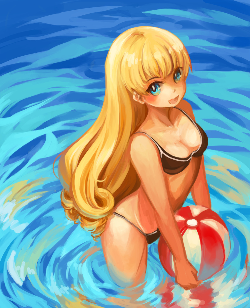 alice_soft alicesoft anonymous_drawfag ball beachball bikini bikini_top black_bikini blonde_hair blue_eyes breasts cleavage daiteikoku drawfag highres long_hair open_mouth retia_adolf smile solo swimsuit wading water