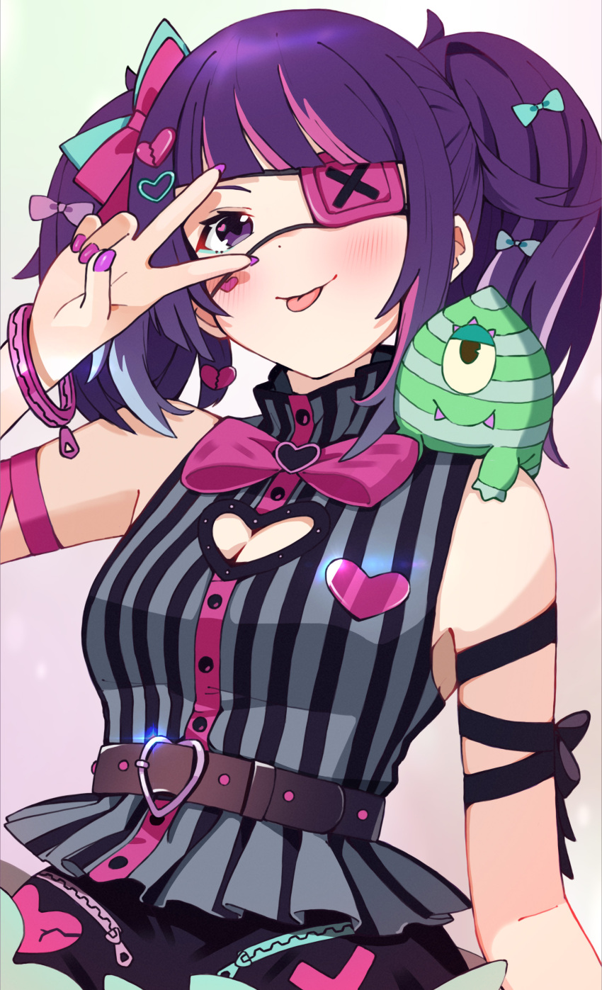 1girl :p absurdres bangs belt belt_buckle blush bow bowtie bracelet breasts buckle character_name cleavage_cutout clothing_cutout commentary eyebrows_visible_through_hair eyepatch grey_shirt hair_bow heart highres idolmaster idolmaster_shiny_colors jewelry looking_at_viewer medium_breasts medium_hair multicolored_hair nail_polish pink_hair pink_nails purple_hair shirt sidelocks solo streaked_hair stuffed_animal stuffed_toy tanaka_mamimi tongue tongue_out twintails v v_over_eye violet_eyes white_background yuki_kamakura