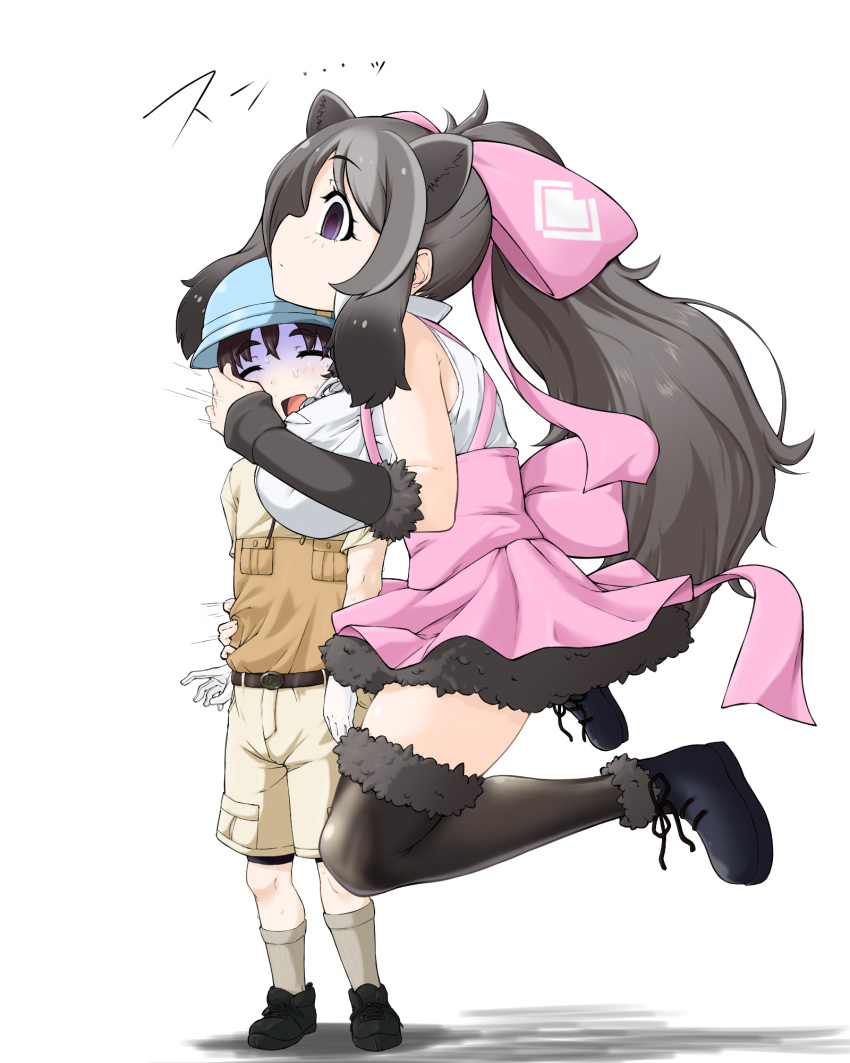1boy 1girl angakoq animal_ears back_bow bare_shoulders bear_ears bergman's_bear_(kemono_friends) black_hair blush bow bracelet breast_smother breasts brown_hair captain_(kemono_friends) center_frills closed_mouth commentary_request empty_eyes extra_ears face_to_breasts frills full_body fur-trimmed_skirt fur_bracelet fur_trim gloves grey_hair hair_bow height_difference high_ponytail highres hug huge_bow jewelry kemono_friends kemono_friends_3 large_breasts long_hair motion_lines multicolored_hair open_mouth serious shirt shoes shorts sidelocks skirt sleeveless sleeveless_shirt smile socks standing sweat thigh-highs turn_pale very_long_hair zettai_ryouiki
