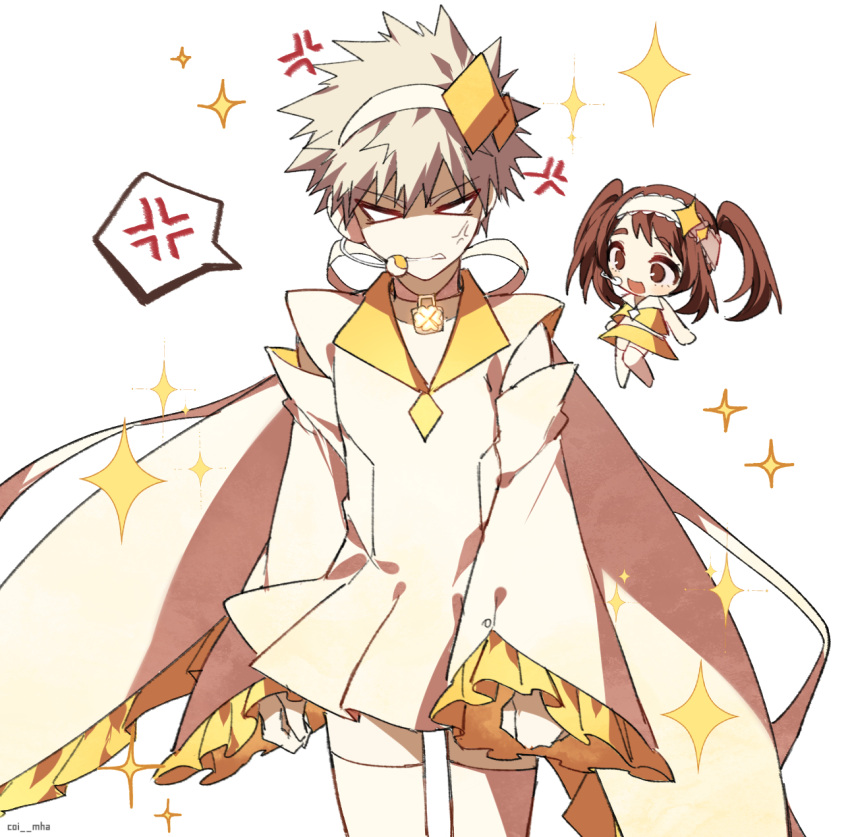 1boy 1girl :d alternate_costume amulet_dia amulet_dia_(cosplay) anger_vein bakugou_katsuki bangs blonde_hair blush boku_no_hero_academia brown_hair clenched_teeth coi_mha commentary cosplay detached_sleeves dress frills hairband highres long_hair long_sleeves looking_at_viewer male_focus no_pupils no_shoes open_mouth shirt short_hair shugo_chara! skirt smile sparkle sparkle_background spiky_hair spoken_anger_vein teeth thigh-highs twintails uraraka_ochako v-shaped_eyebrows white_background white_hairband yellow_shirt yellow_skirt zettai_ryouiki