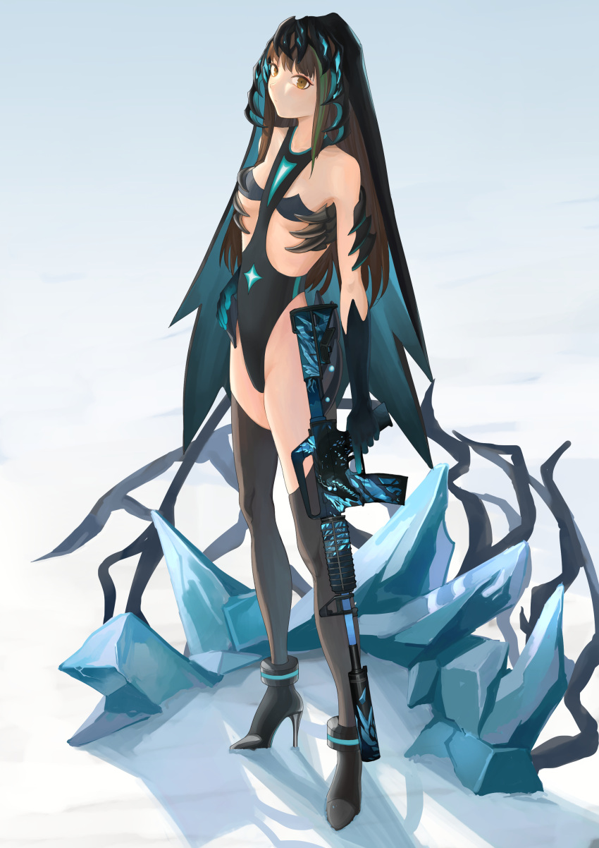 1girl absurdres assault_rifle bare_shoulders black_footwear black_gloves black_legwear breasts brown_hair chuck_(harfmoondark) counter_strike:_global_offensive elbow_gloves eyebrows_visible_through_hair girls_frontline gloves gun high_heels highres holding holding_weapon ice light_brown_eyes long_hair looking_at_viewer m4_carbine m4a1_(girls_frontline) multicolored_hair rifle simple_background small_breasts solo standing thigh-highs weapon