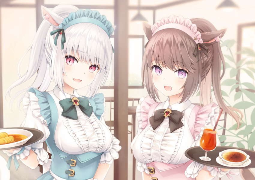 2girls :d animal_ears bangs black_bow bow breasts brown_hair cat_ears center_frills chair cup drinking_glass drinking_straw eyebrows_visible_through_hair fang final_fantasy final_fantasy_xiv food frills holding holding_tray indoors kanora long_hair looking_at_viewer maid_headdress medium_breasts miqo'te multiple_girls open_mouth ponytail puffy_short_sleeves puffy_sleeves red_eyes shirt short_sleeves silver_hair smile table tray underbust upper_body violet_eyes waitress white_shirt