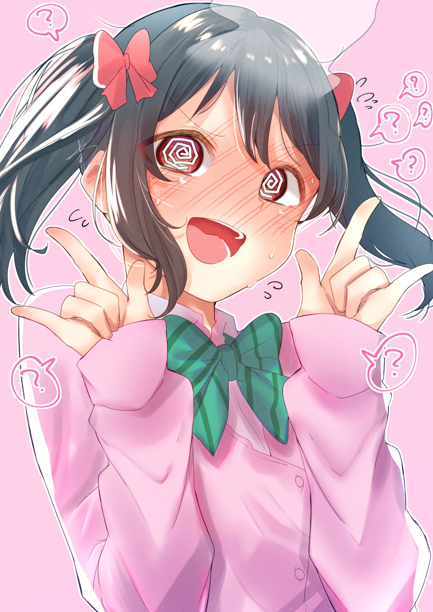 1girl ? @_@ absurdres birthday black_hair blush cardigan commentary_request embarrassed eyebrows_visible_through_hair hair_ribbon highres long_hair looking_at_viewer love_live! love_live!_school_idol_project nico_nico_nii red_eyes ribbon shiny shiny_hair solo speech_bubble steam sweatdrop twintails upper_body yaa-kun yazawa_nico