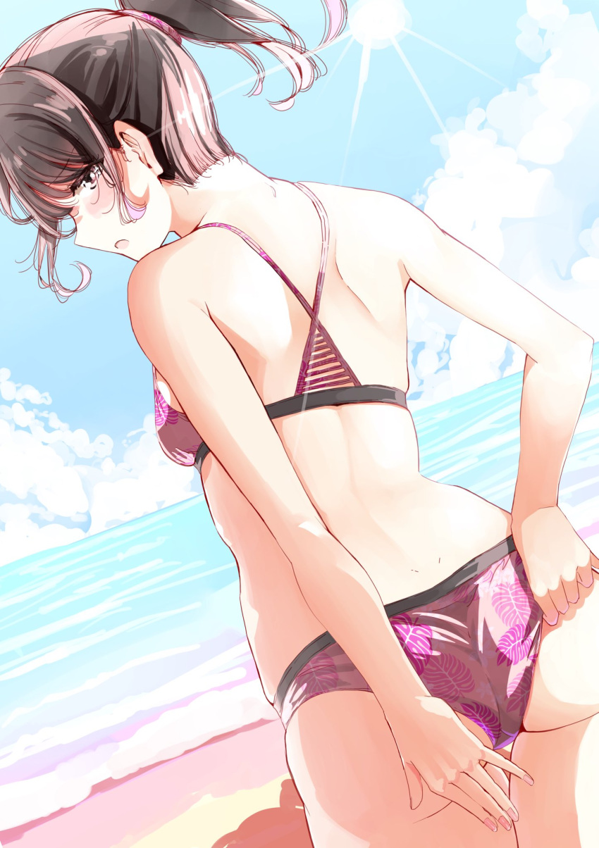 1girl adjusting_clothes adjusting_swimsuit ass back bangs beach bikini black_hair breasts brown_eyes clouds commentary_request day from_behind hair_ornament hair_scrunchie highres horizon looking_at_viewer looking_back nyoijizai ocean open_mouth original outdoors pink_bikini ponytail scrunchie shoulder_blades sky small_breasts solo standing sun swimsuit