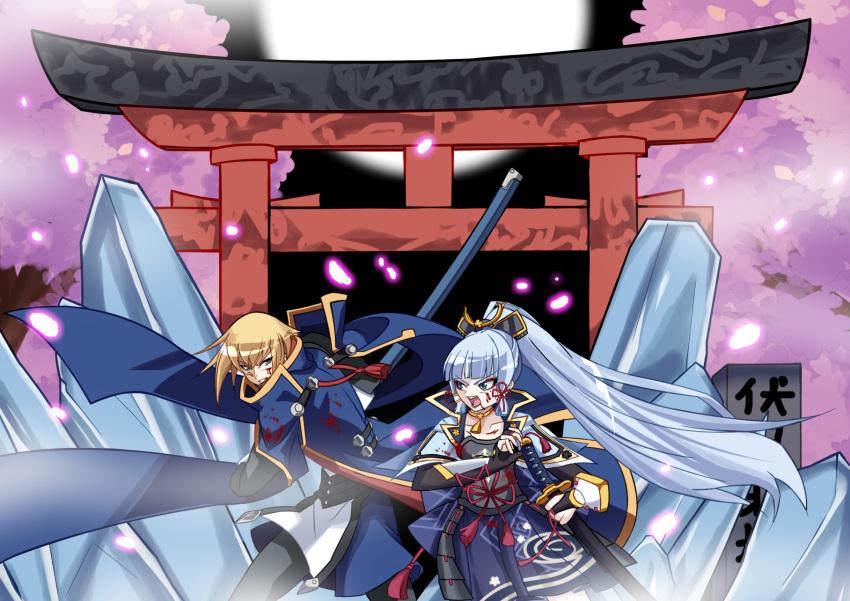 1boy 1girl aqua_eyes armor battle blazblue blonde_hair blood blue_eyes breastplate cape cherry_blossoms crossover eien_no_kurayami fighting_stance fog genshin_impact highres ice japanese_clothes jin_kisaragi kamisato_ayaka katana military military_uniform petals ribbon shrine skirt sword uniform vs weapon white_hair