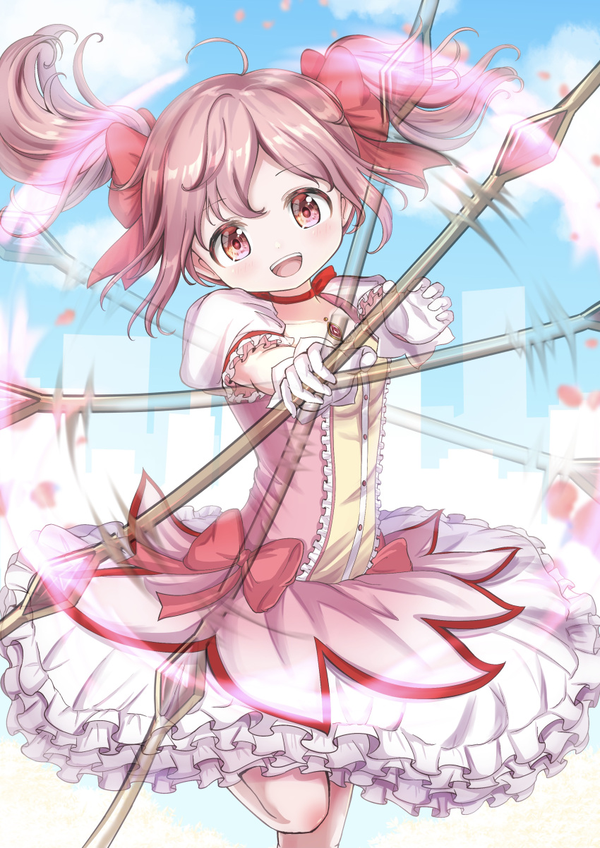 1girl absurdres bow bow_(weapon) bubble_skirt choker commentary_request cowboy_shot facing_viewer gloves hair_bow highres kaname_madoka leg_up looking_at_viewer magical_girl mahou_shoujo_madoka_magica open_mouth pink_bow pink_eyes pink_hair puffy_short_sleeves puffy_sleeves red_choker short_sleeves short_twintails skirt smile solo soul_gem spinning teeth twintails ukiukikiwi2525 upper_teeth weapon white_gloves