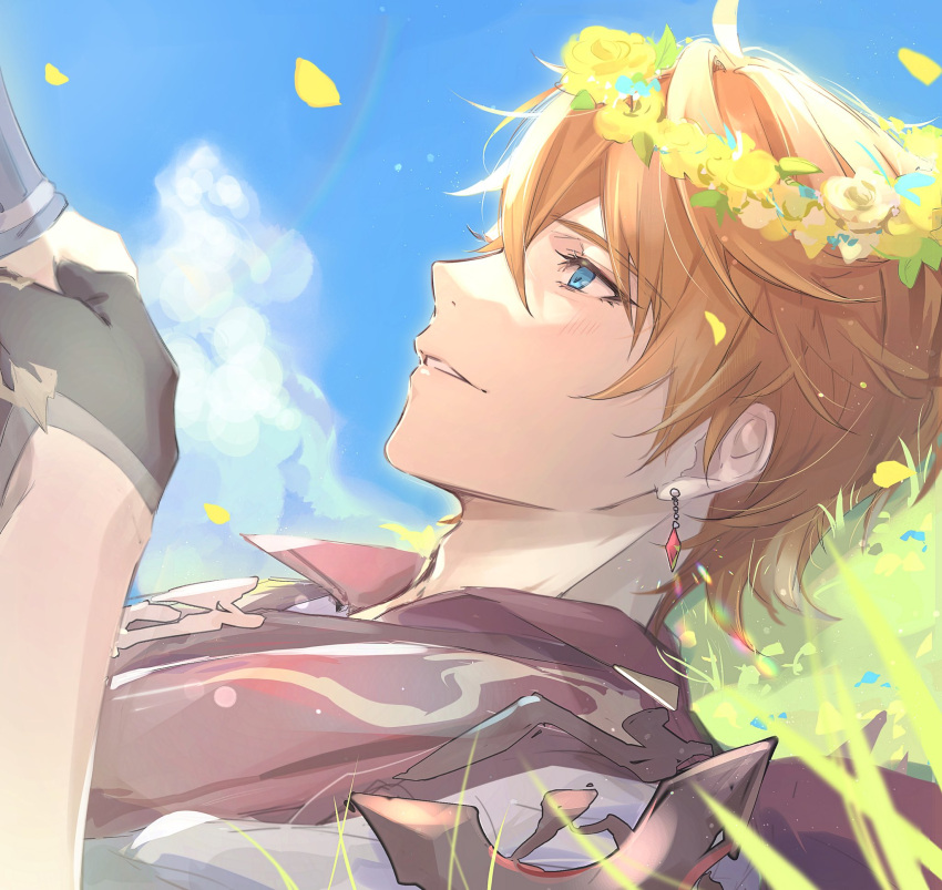 2boys bangs blue_eyes clouds day earrings genshin_impact gloves gumilkx head_wreath highres jacket jewelry long_sleeves lying male_focus multiple_boys on_back on_side orange_hair outdoors parted_lips profile single_earring sky solo_focus tartaglia_(genshin_impact) teucer_(genshin_impact) upper_body