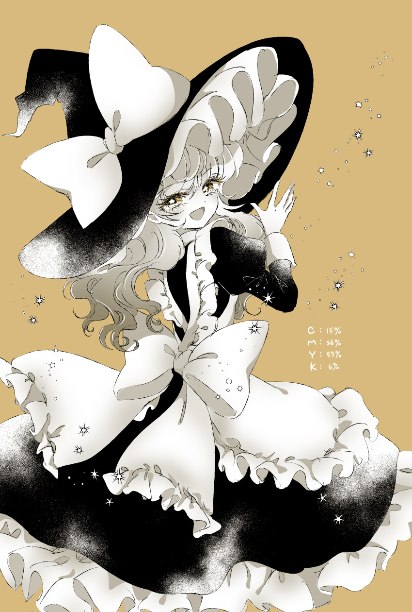 1girl absurdres apron back_bow black_dress black_headwear bow commentary_request cowboy_shot dress hand_up hat hat_bow highres juliet_sleeves kirisame_marisa long_hair long_sleeves looking_at_viewer looking_back monochrome open_mouth puffy_sleeves sleeve_cuffs smile sparkle touhou white_bow witch_hat yellow_background yellow_eyes yurigaoka_nayuki