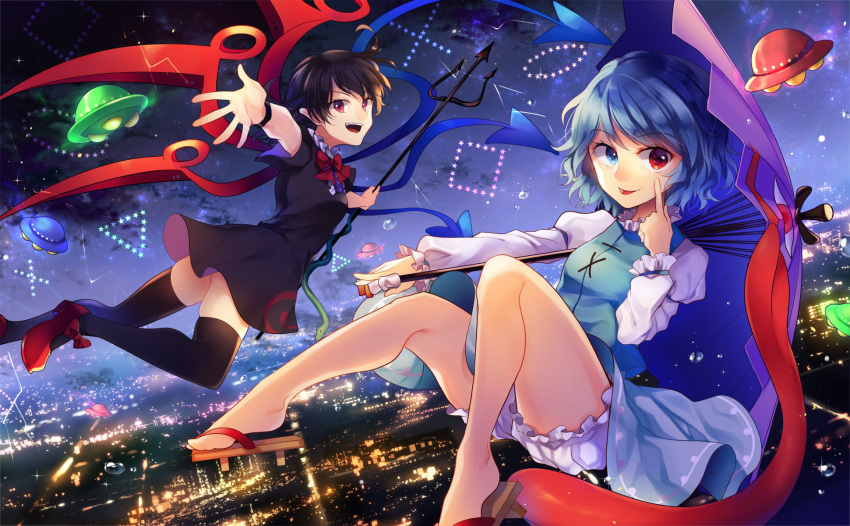2girls arm_up arms_up bangs black_dress black_hair black_legwear black_sleeves blue_dress blue_eyes blue_hair bow breasts brown_footwear city closed_mouth danmaku dress eyebrows_visible_through_hair flying hair_between_eyes hands_up heterochromia highres holding holding_umbrella houjuu_nue kaede_(mmkeyy) long_sleeves looking_at_viewer looking_away medium_breasts multiple_girls night night_sky no_headwear open_mouth pants red_bow red_eyes red_footwear red_neckwear sandals shoes short_hair short_sleeves sky smile star_(sky) starry_sky tatara_kogasa thigh-highs tongue tongue_out touhou ufo umbrella weapon white_pants white_sleeves