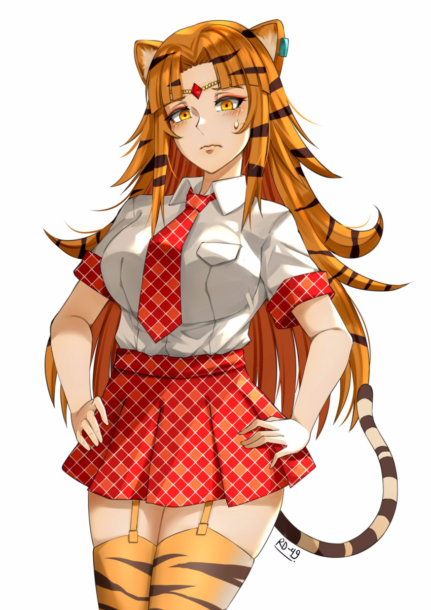 1girl animal_ear_fluff animal_ears animal_print bangs breasts collared_shirt eyeshadow fadilah_r highres large_breasts long_hair makeup nara_haramaung necktie nijisanji nijisanji_id orange_eyes orange_hair parted_bangs plaid plaid_skirt red_eyeshadow red_neckwear red_skirt shirt shirt_tucked_in skirt solo sweatdrop tail tiger_ears tiger_girl tiger_print tiger_tail virtual_youtuber white_background white_shirt