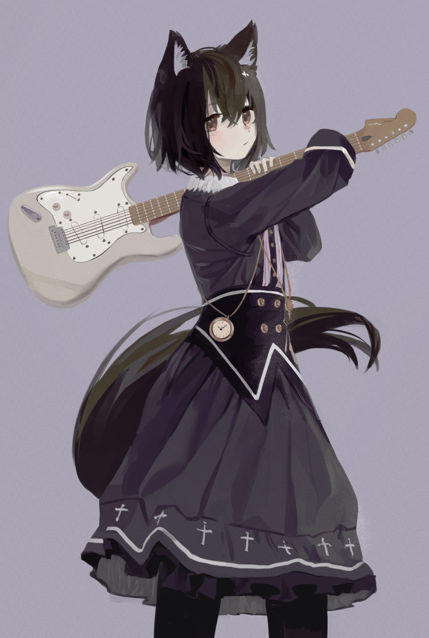 1girl absurdres animal_ears bangs black_dress black_hair black_legwear blush commentary_request dress electric_guitar fox_ears gothic_lolita guitar highres holding holding_instrument instrument k0tokay lolita_fashion long_sleeves looking_at_viewer medium_hair original simple_background solo tail